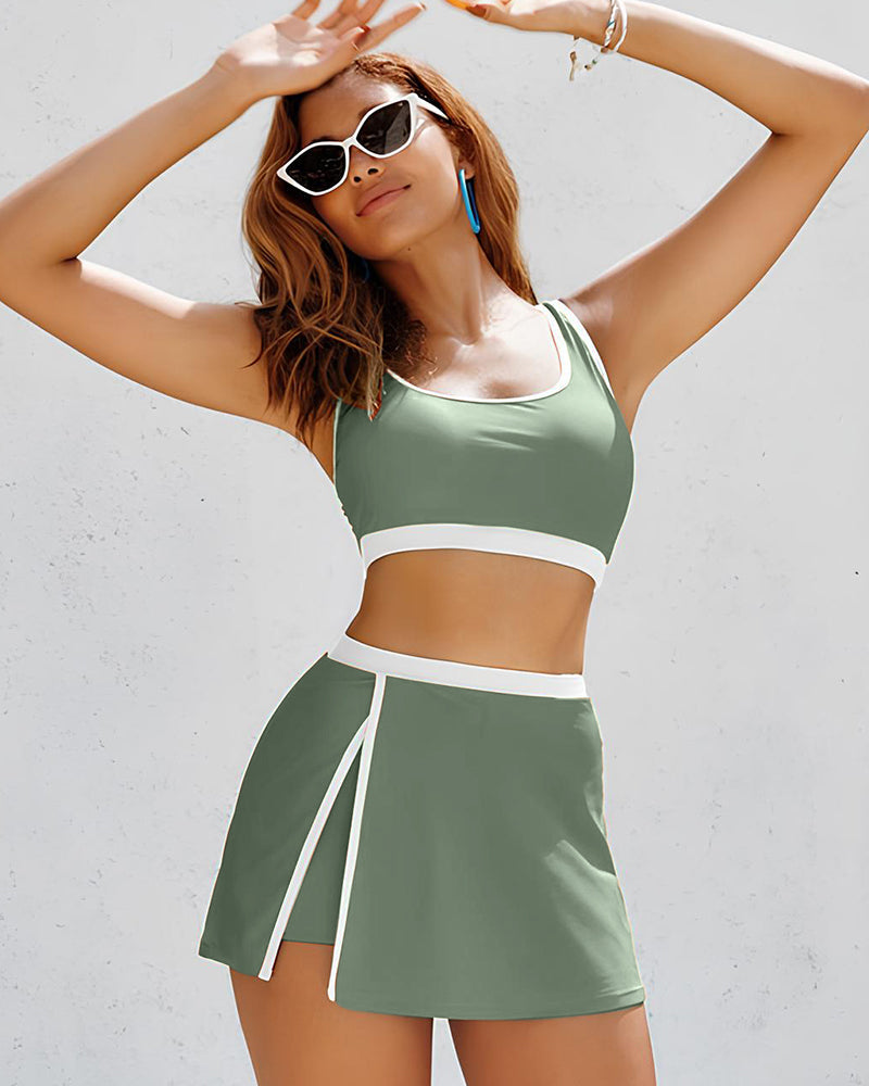 Sporty Color Block Side Slit Skirted Bikini Set