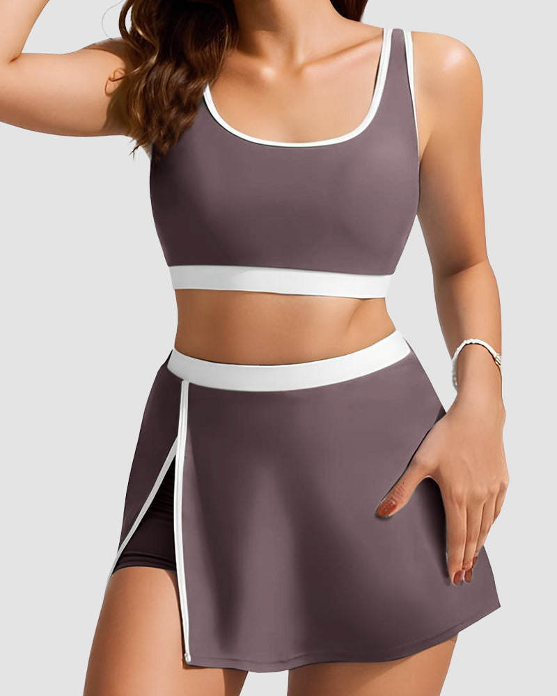 Sporty Color Block Side Slit Skirted Bikini Set