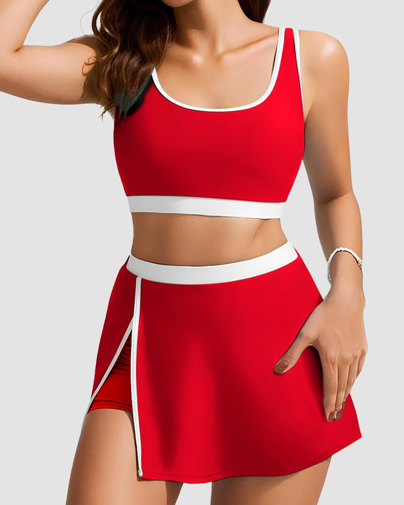 Sporty Color Block Side Slit Skirted Bikini Set